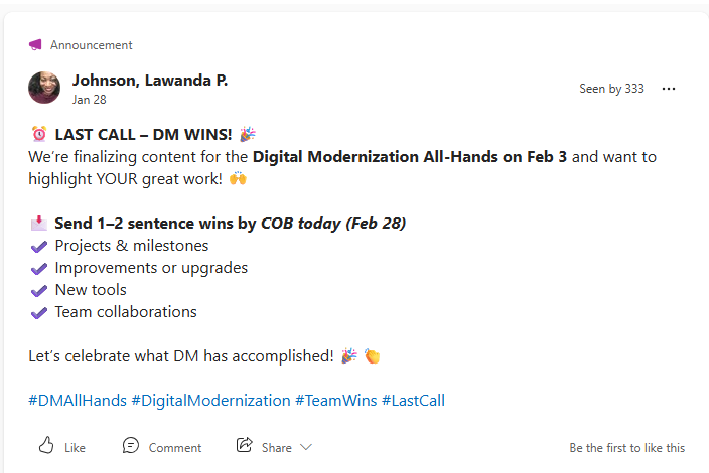 Screenshot of a Viva Engage announcement post by LaWanda Johnson, requesting one-to-two-sentence wins from the Digital Modernization team for the upcoming All-Hands. The post uses emoji-driven hierarchy, scannable bullets, and a call to action. Seen by 333 people.